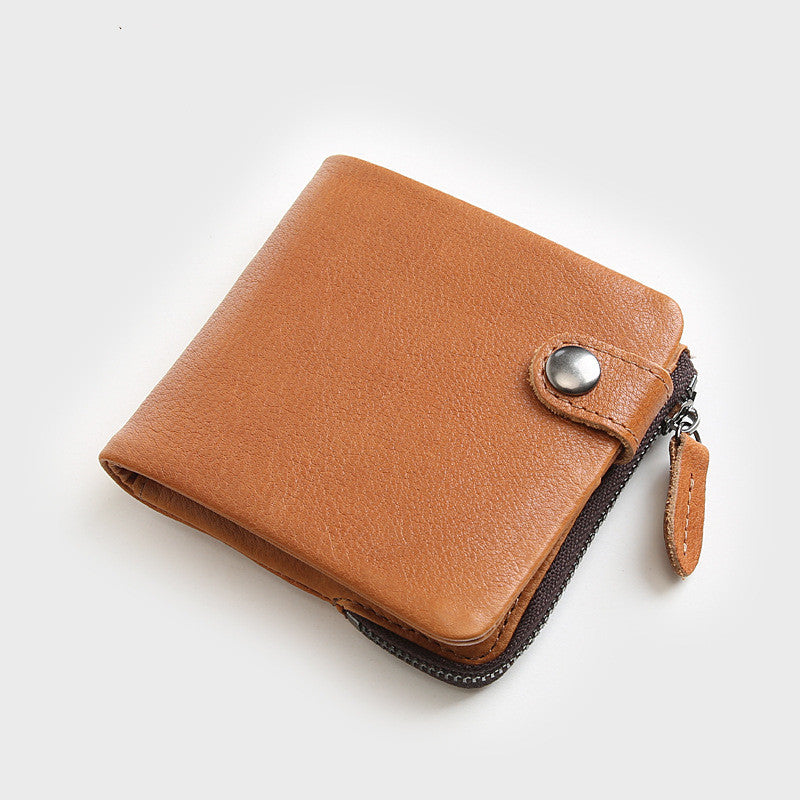 Men’s Short Bifold Wallet With Zipper, Genuine First Layer Cowhide Leather, Casual Horizontal And Vertical Styles