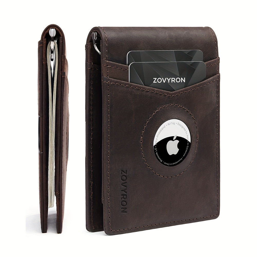 Men’s Genuine Leather Slim Bifold Wallet with Airtag Holder, RFID Blocking, Front Pocket Wallet