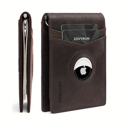 Men’s Genuine Leather Slim Bifold Wallet with Airtag Holder, RFID Blocking, Front Pocket Wallet
