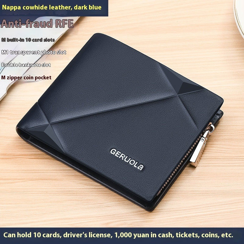 Men’s Short Leather Trifold Wallet with Zipper | Genuine Cowhide Anti-Theft Design