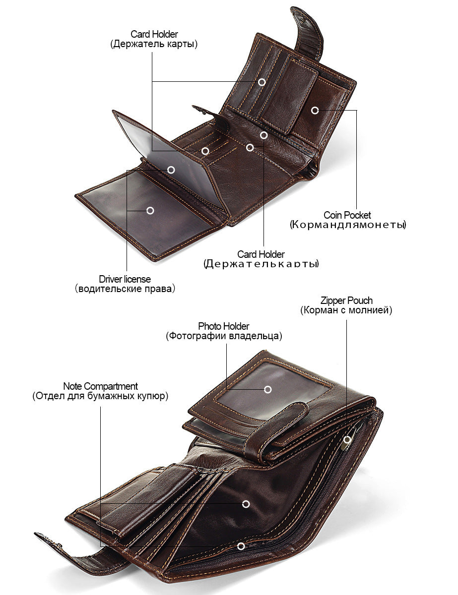 Men’s Short Vintage Leather Wallet | Genuine Leather Trifold with Classic Design