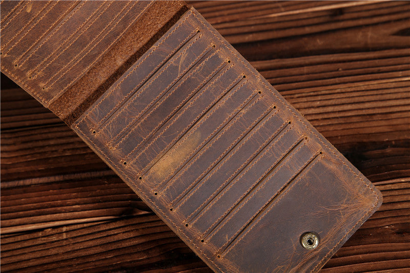 Men's Long Leather Wallet – Crazy Horse Cowhide Card Holder, Phone & Money Bag with 18 Card Slots
