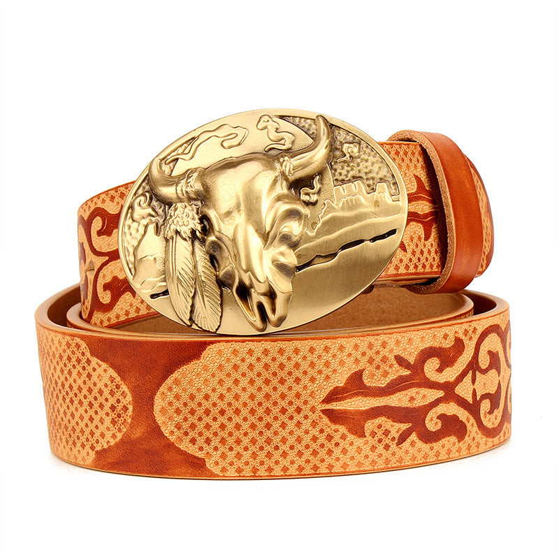 Western Ethnic Cowhide Leather Belt - Embossed Durability Style