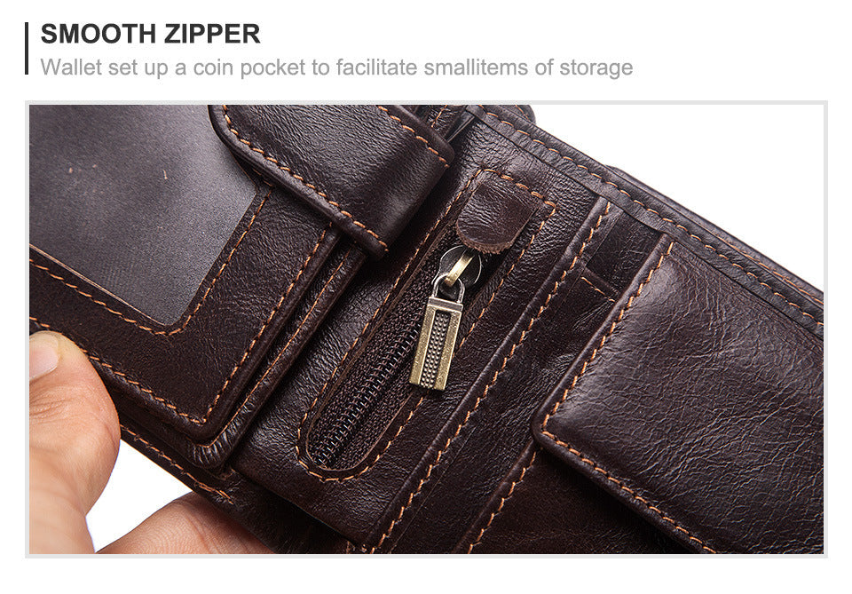 Men’s Multi-Card Real Cowhide Leather Anti-Magnetic Tri-Fold Wallet With Retro European And American Style