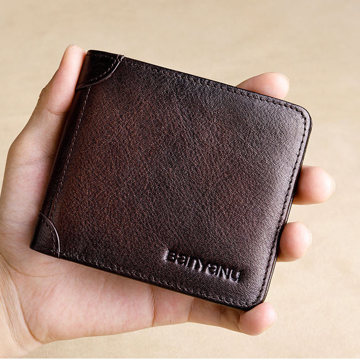 Men’s Short Leather Trifold Wallet, Large Capacity Top Layer Cowhide Horizontal Wallet