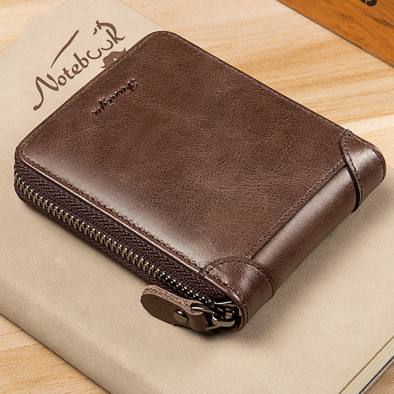 Men’s Short Leather Wallet – First Layer Cowhide, Zipper Design