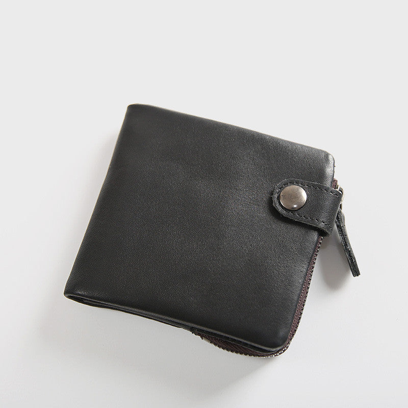 Men’s Short Bifold Wallet With Zipper, Genuine First Layer Cowhide Leather, Casual Horizontal And Vertical Styles