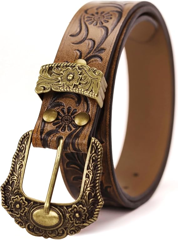 Unisex Western Belt – Golden Floral Buckle