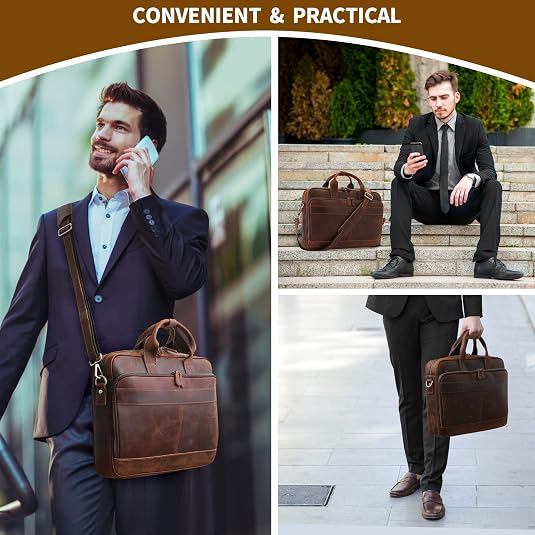Men's Full-Grain Cowhide Business Briefcase – 15.6" Laptop