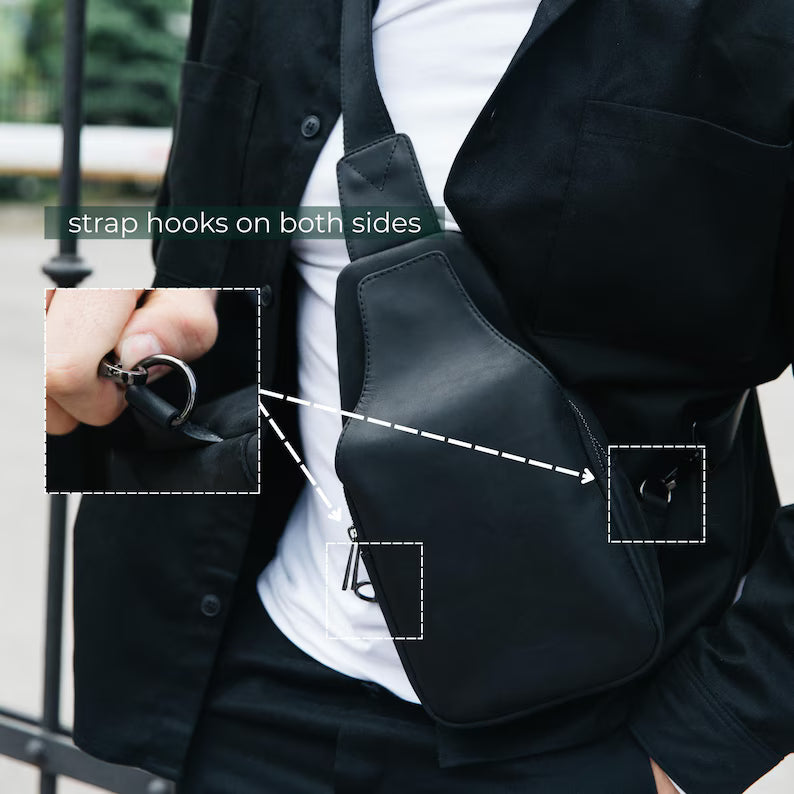 Men's Black Leather Sling Bag - Casual Crossbody