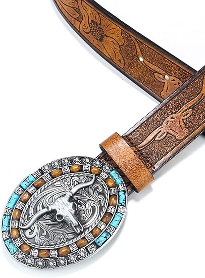 Women's Western Leather Belt – Turquoise Oval Buckle