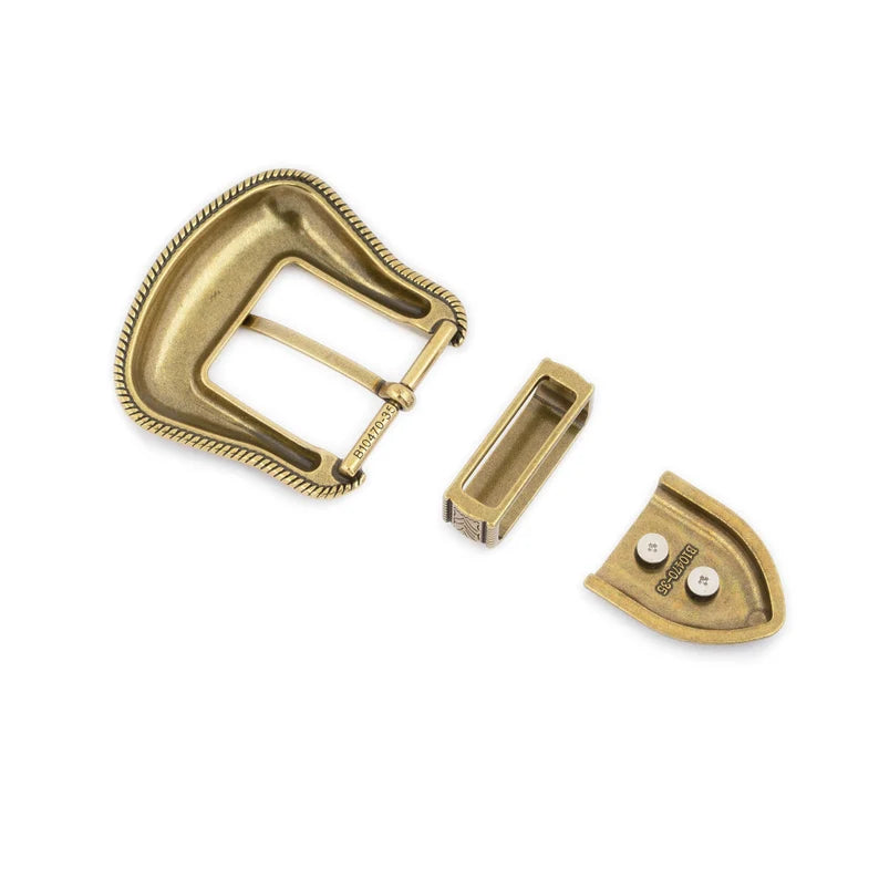 Western Floral Carved Belt Buckle Set - Antique Brass, 35mm Strap Fit