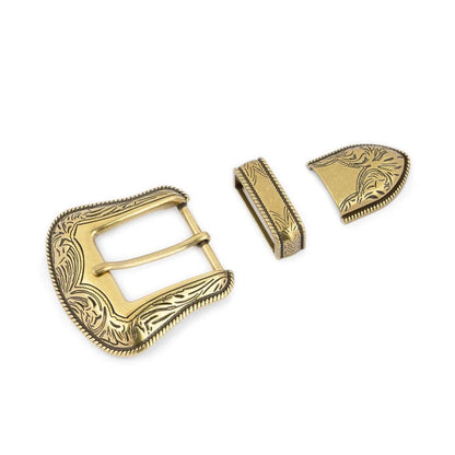 Western Floral Carved Belt Buckle Set - Antique Brass, 35mm Strap Fit