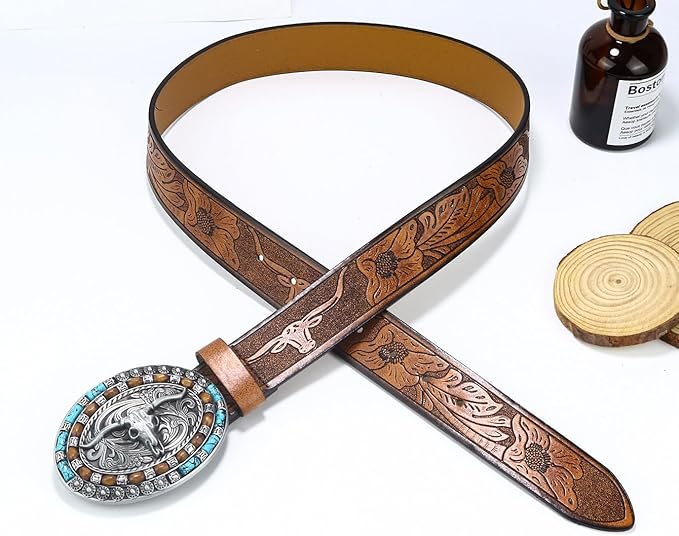 Women's Western Leather Belt – Turquoise Oval Buckle