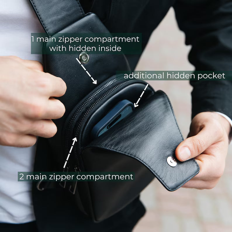 Men's Black Leather Sling Bag - Casual Crossbody