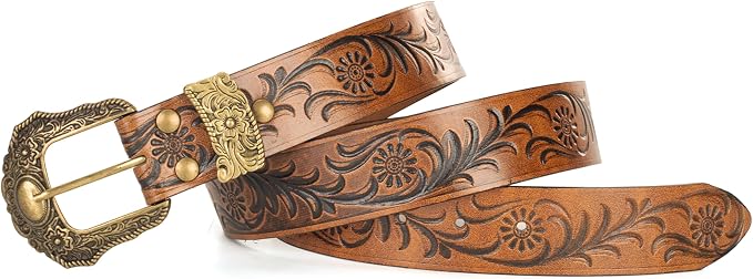 Unisex Western Belt – Golden Floral Buckle