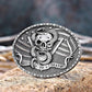 Kneeling Man Cross Skull Belt Buckle – American Flag Detail