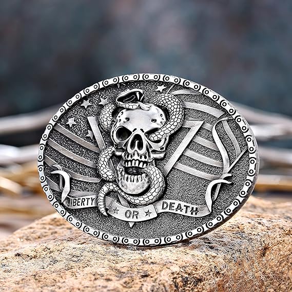 Kneeling Man Cross Skull Belt Buckle – American Flag Detail