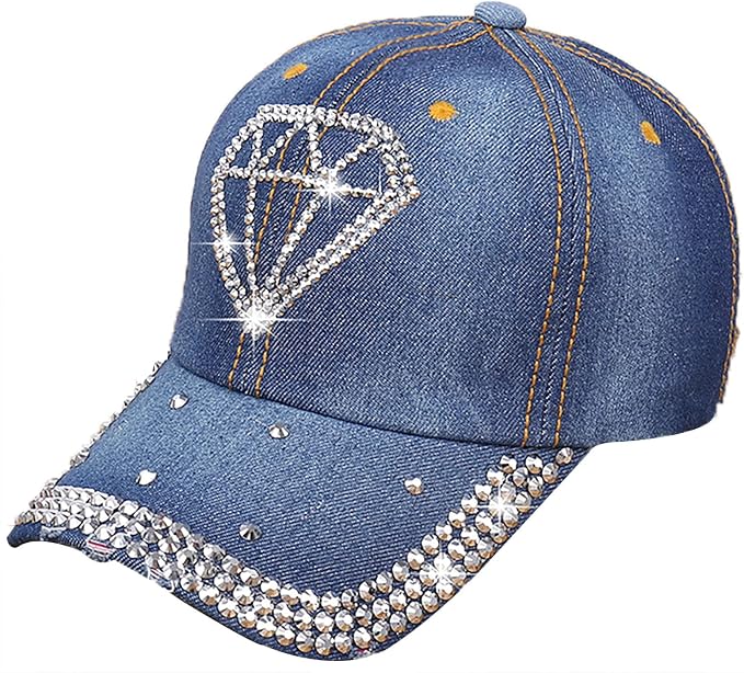 Rhinestone Denim Cap with Adjustable Metal Buckle