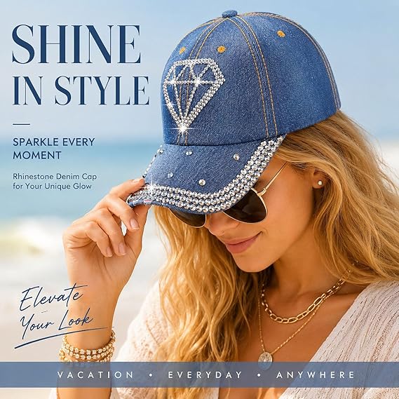 Rhinestone Denim Cap with Adjustable Metal Buckle