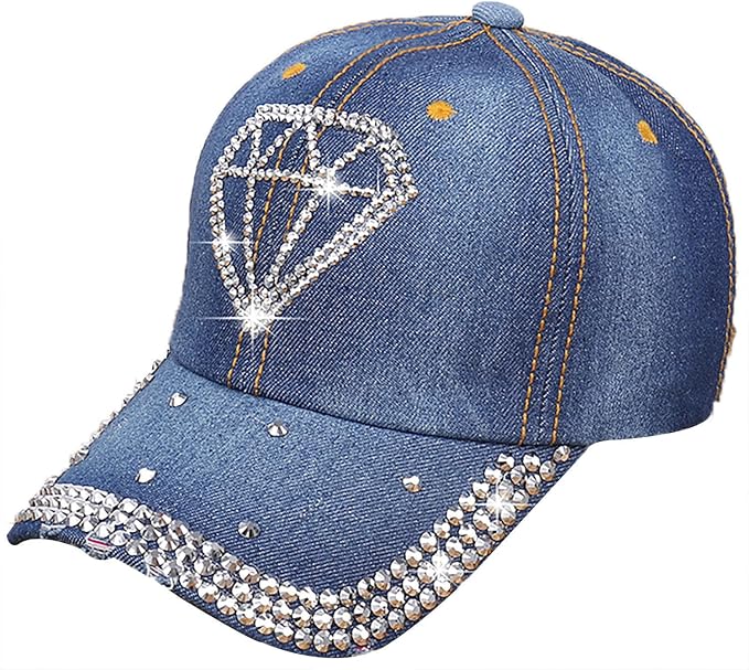 Rhinestone Denim Cap with Adjustable Metal Buckle