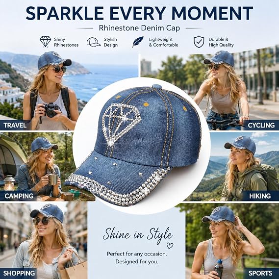 Rhinestone Denim Cap with Adjustable Metal Buckle