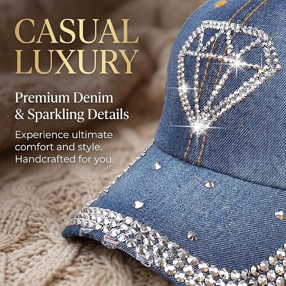 Rhinestone Denim Cap with Adjustable Metal Buckle