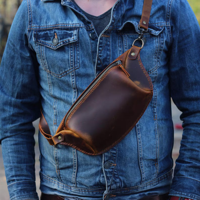 Unisex Brown Leather Fanny Pack - Crossbody Travel Pouch