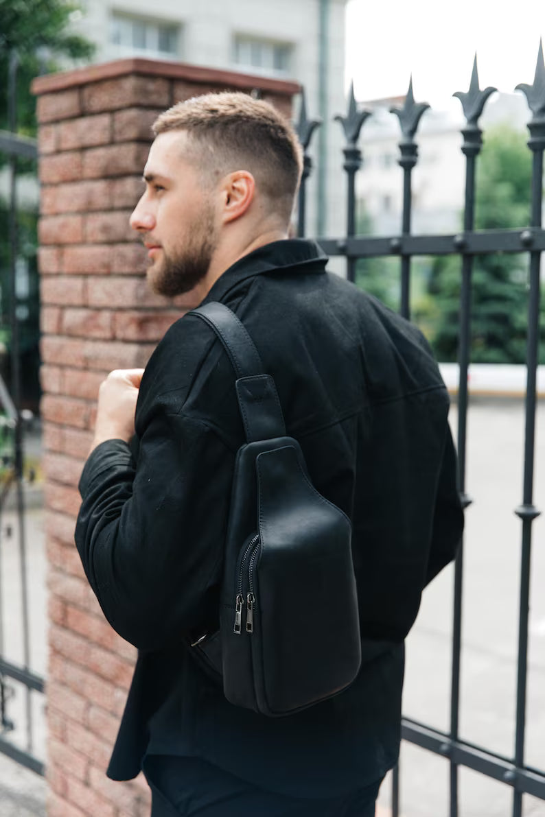 Men's Black Leather Sling Bag - Casual Crossbody