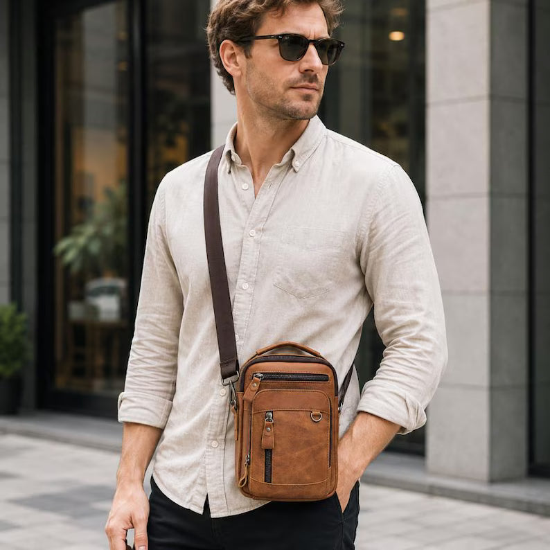 Men's Vintage Leather Messenger Crossbody Pouch