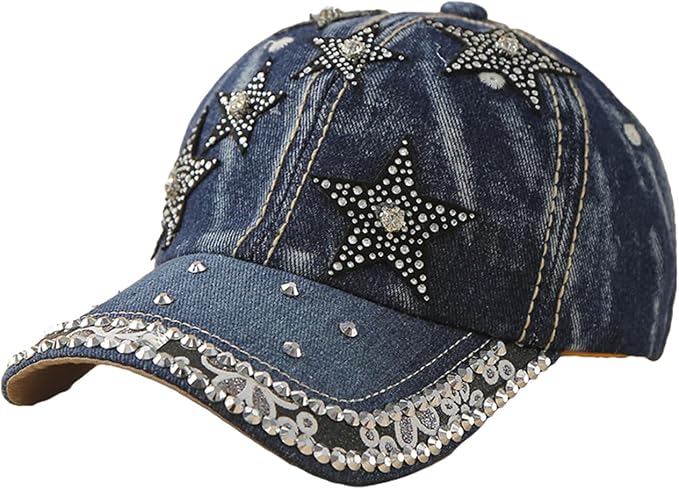 Women's Pearl Rhinestone Denim Visor Cap - Y2K