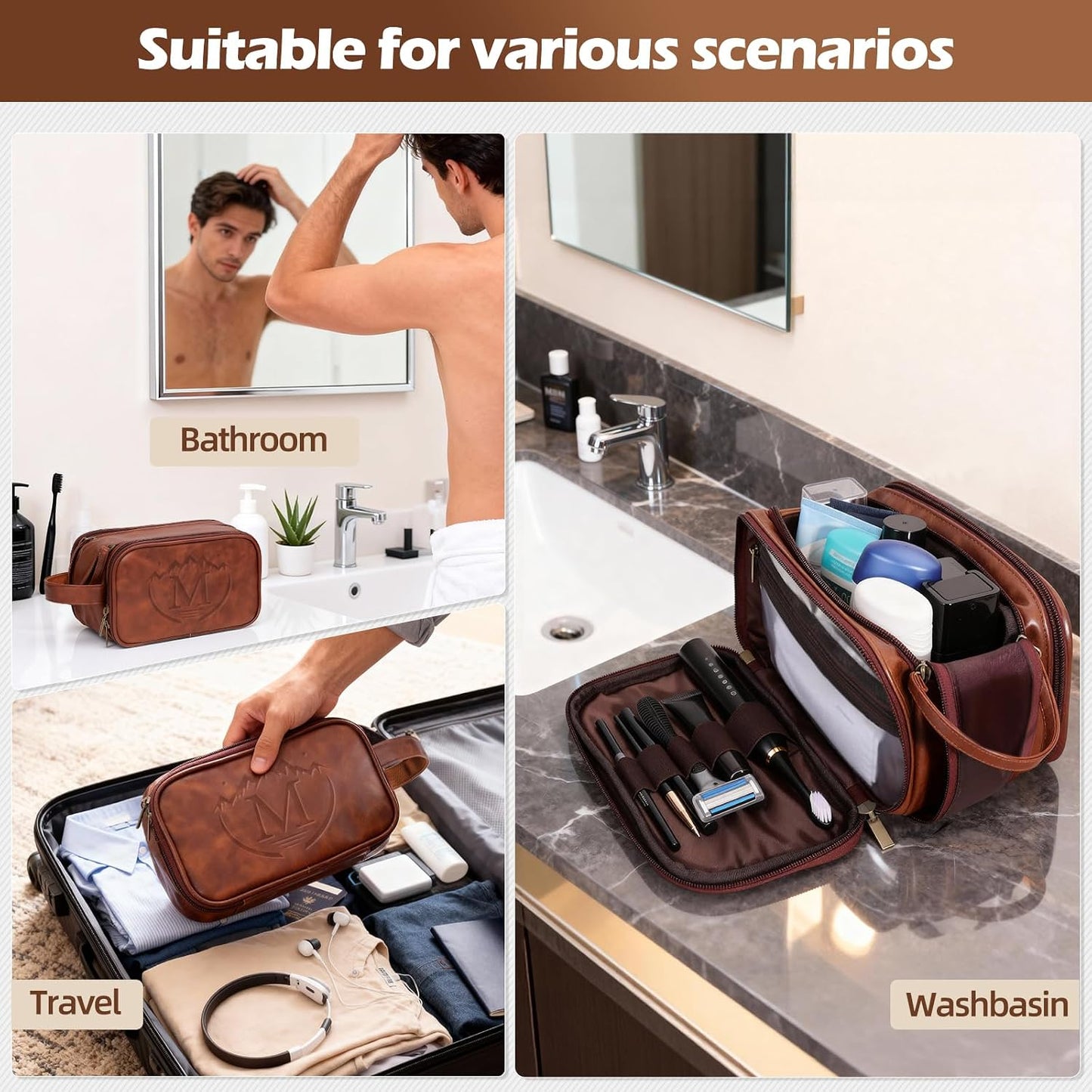 Men's Personalized Waterproof Leather Toiletry Bag