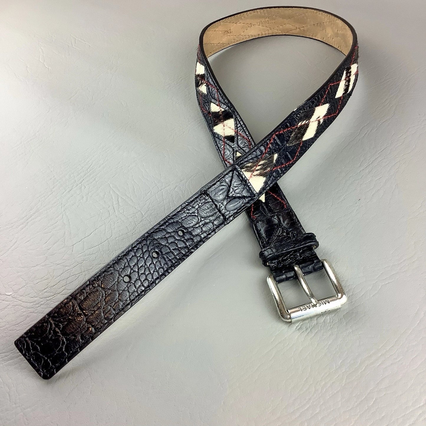 rgyle Print Hair-On Hide Leather Belt - Fur Trim Accent