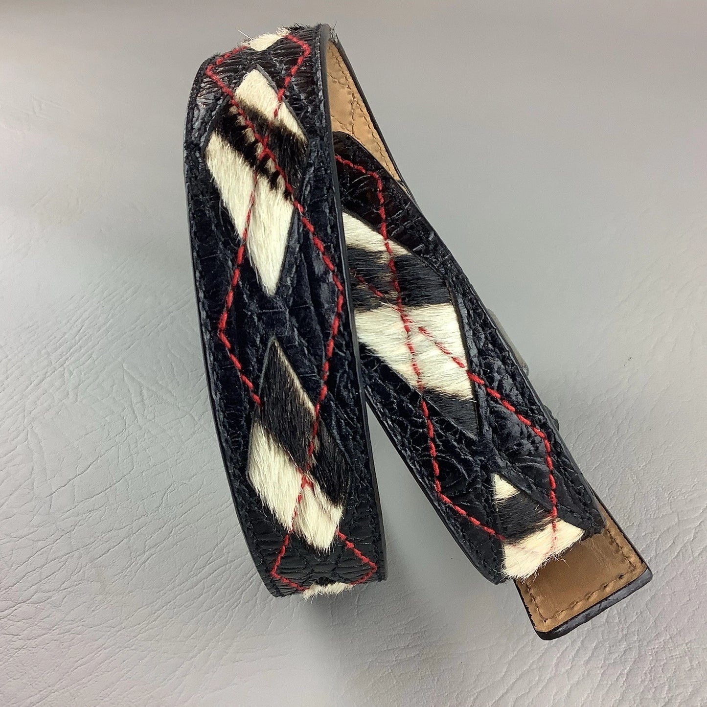rgyle Print Hair-On Hide Leather Belt - Fur Trim Accent