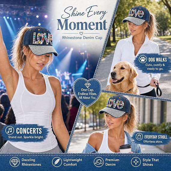 "LOVE" Rhinestone Mesh Sun Cap – Beach Party Bling
