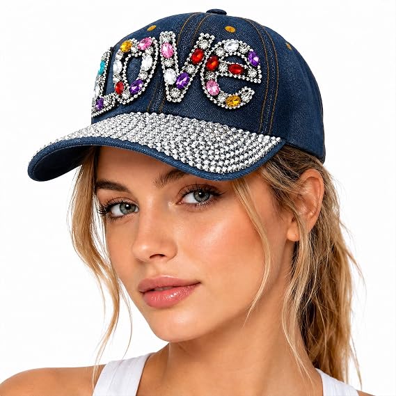 "LOVE" Rhinestone Mesh Sun Cap – Beach Party Bling