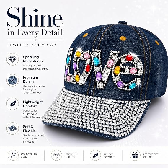 "LOVE" Rhinestone Mesh Sun Cap – Beach Party Bling