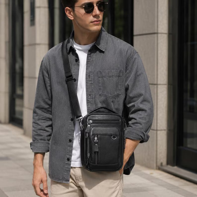 Men's Vintage Leather Messenger Crossbody Pouch