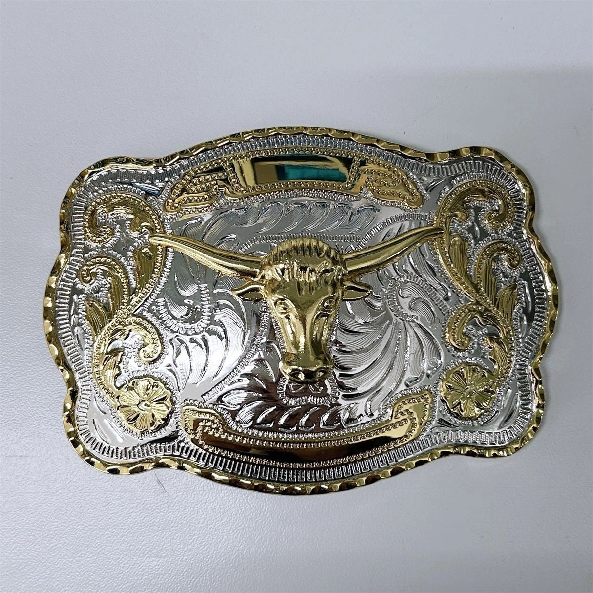Large Western Bull Head Cowboy Belt Buckle - Gold & Silver Metal