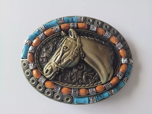 Men's Western Horse Head Belt Buckle with Turquoise Stone - Brass Finish