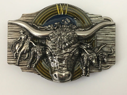 Men's Western Cowboy Belt Buckle - Texas Bull & Horse, Silver Metal