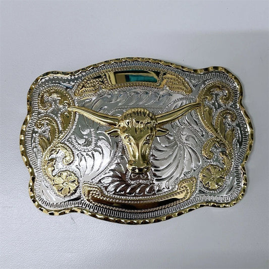 Large Western Bull Head Cowboy Belt Buckle - Gold & Silver Metal