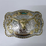 Large Western Bull Head Cowboy Belt Buckle - Gold & Silver Metal