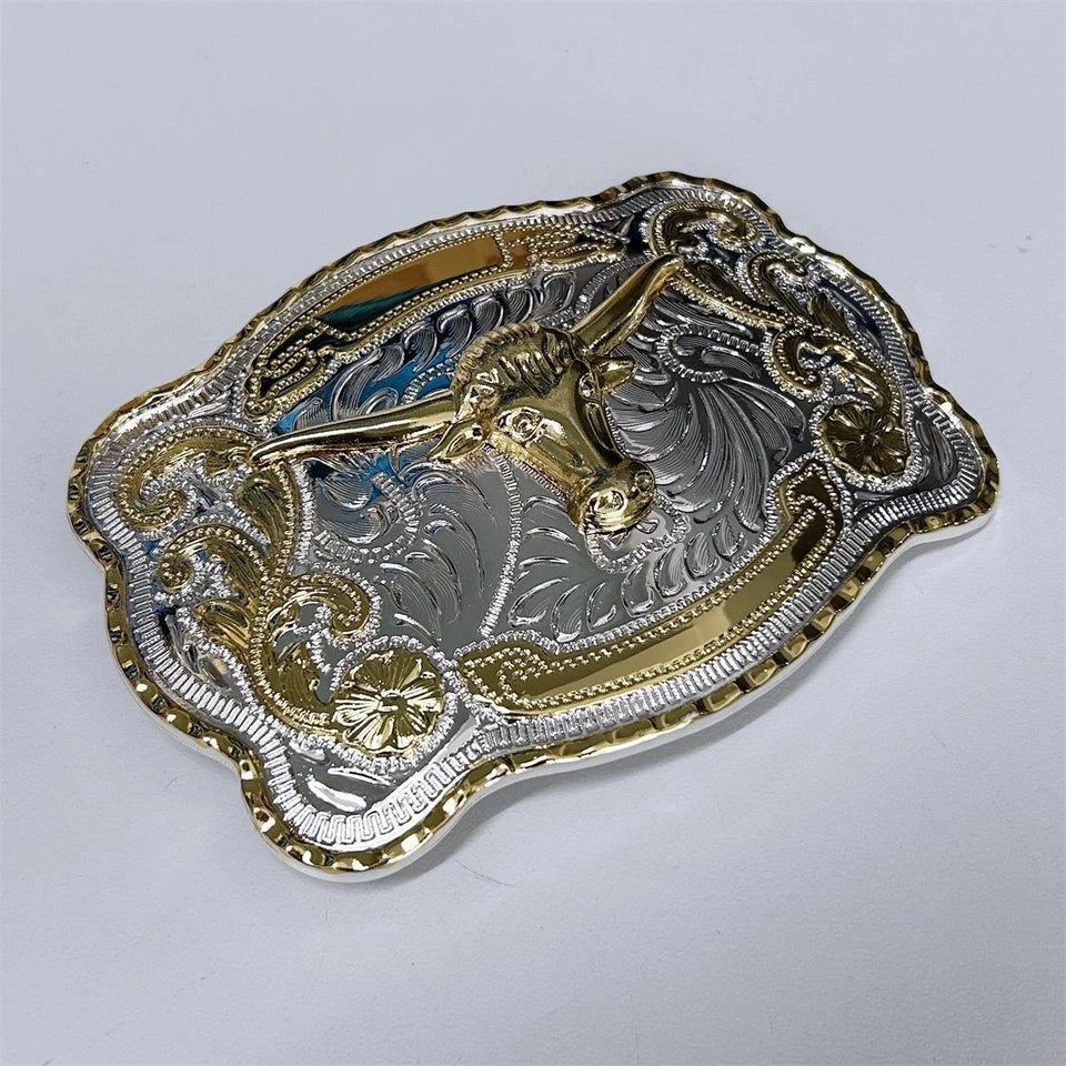 Large Western Bull Head Cowboy Belt Buckle - Gold & Silver Metal