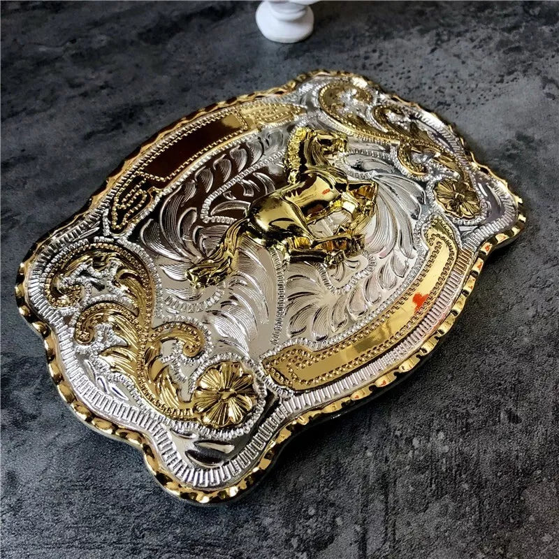 Western Rodeo Bull Rider Belt Buckle for 40mm Straps, Silver & Gold