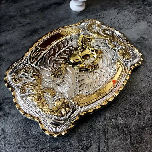 Western Rodeo Bull Rider Belt Buckle for 40mm Straps, Silver & Gold