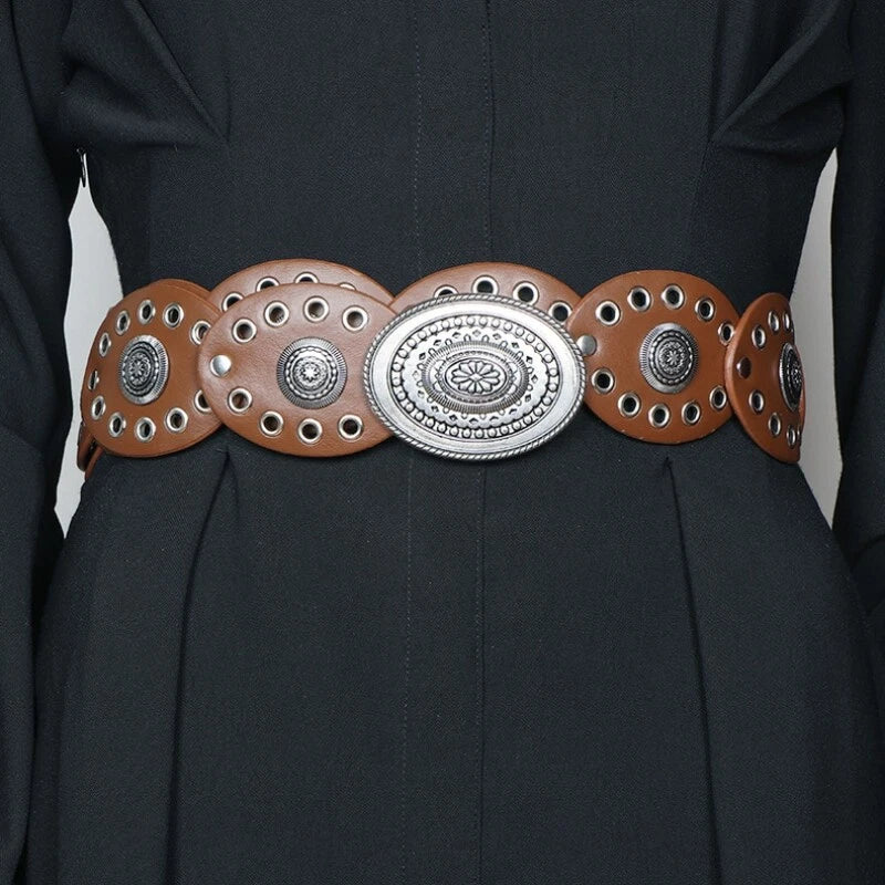 Boho Western PU Leather Disc Belt - Statement Cowgirl Waist Style