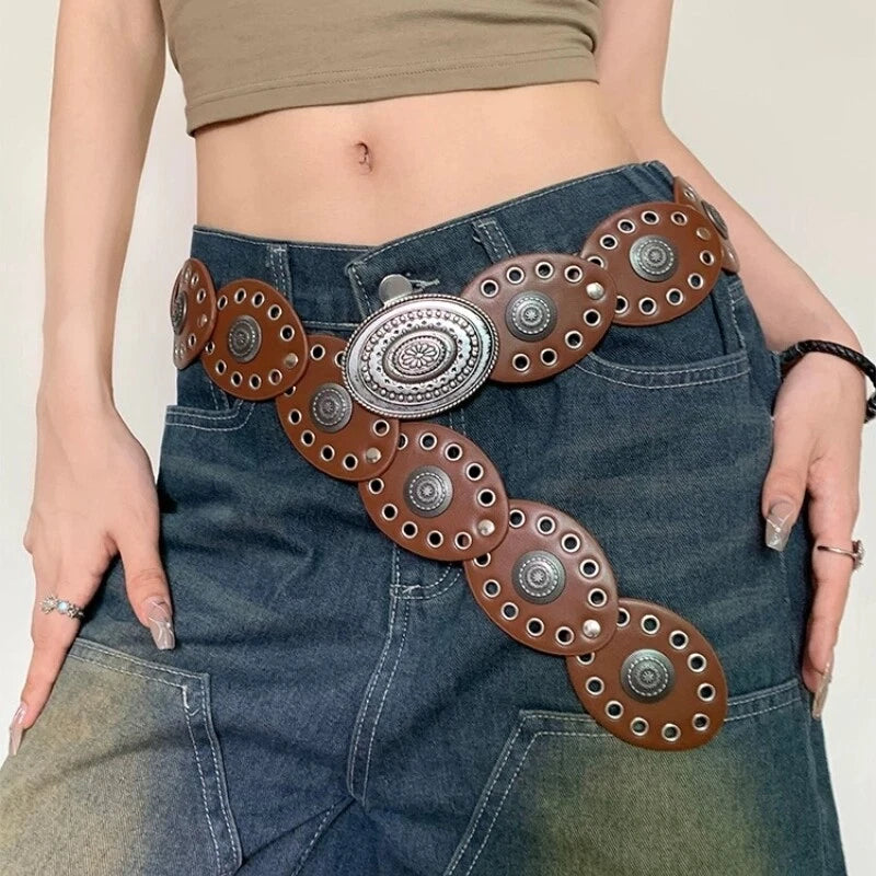 Boho Western PU Leather Disc Belt - Statement Cowgirl Waist Style