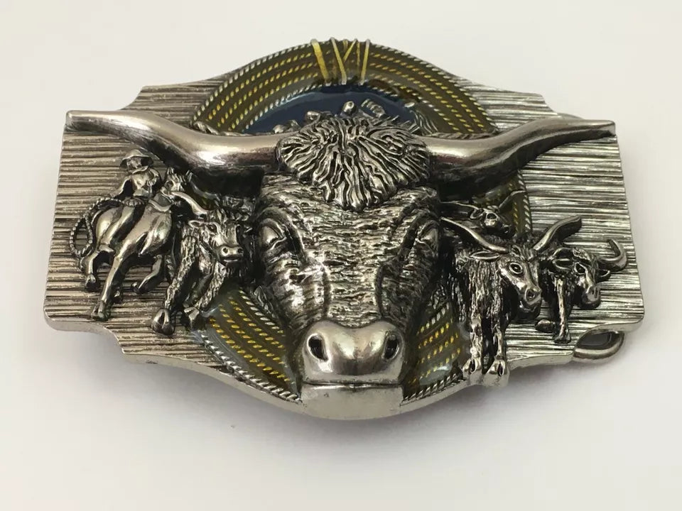 Men's Western Cowboy Belt Buckle - Texas Bull & Horse, Silver Metal