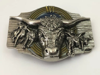 Men's Western Cowboy Belt Buckle - Texas Bull & Horse, Silver Metal